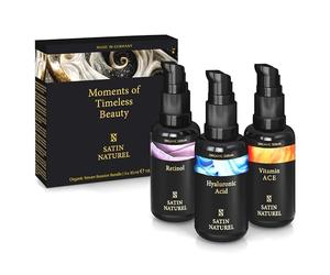 Satin Naturel Set de Sérums con Retinol, Ácido Hialurónico y Vitamina C 3×30 ml - Set de Regalo de Lujo - Cuidado Antiedad - Rutina de Belleza Vegana - Regalo de San Valentín - Edición Premium