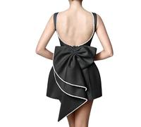 Satin Pearl Homecoming Dresses with Bow Short for Party Bridal Shower Dress (Black,S)
