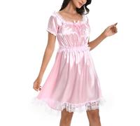 Satini Lencería Satén el marica Babydoll Volantes Volantes Bragas Enagua Completa Ropa de Noche Vestido (Rosa bebé, M)