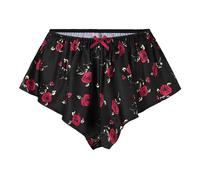 Satini Satén Culottes con Pliegues Falda Pantalones Cortos Panties satinados Ropa Interior (Negro - Rosas Rojas, L)