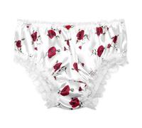 Satini Satén Encaje con Volantes el marica Bragas de Corte francés Calzoncillos Panties satinados Ropa Interior (Blanco - Rosas Rojas, M)
