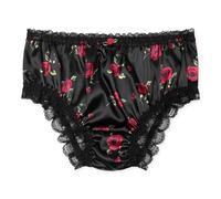 Satini Satén Encaje con Volantes el marica Bragas de Corte francés Calzoncillos Panties satinados Ropa Interior (Negro - Rosas Rojas, S)