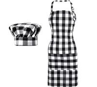 SATINIOR 2 Piezas Delantal y Gorro de Chef Navideño Delantal Sólido a Rayas a Cuadros Delantal de Cocina de Tela para Hornear (Blanco y Negro)