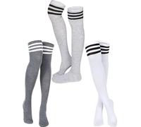 SATINIOR 3 pares de calcetines altos hasta la rodilla, calcetines altos hasta el muslo, calcetines de triple rayas sobre la rodilla, calcetines largos opacos hasta el muslo, Blanco, gris oscuro, gris