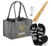 SATINIOR 4 Piezas Set de Regalo de Cerveza para Hombre Incluido Bolsa para Botellas de Fieltro con 6 Compartimentos Pinzas para Asar Abrebotellas Calcetines(Ich Bin in Rente Ich Muss Gar Nix)