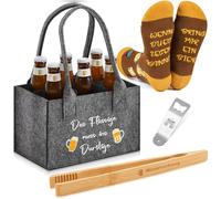 SATINIOR 4 Piezas Set de Regalo de Cerveza para Hombre Incluido Bolsa para Botellas de Hombre de Fieltro con 6 Compartimentos Pinzas para Asar Abrebotellas Calcetines(Das Flüssige Muss ins Durstige)