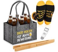 SATINIOR 4 Piezas Set de Regalo de Cerveza para Hombre Incluido Bolsa para Botellas de Hombre de Fieltro con 6 Compartimentos Pinzas para Asar Abrebotellas Calcetines(Bier holen ist auch Bewegung)