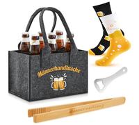 SATINIOR 4 Piezas Set de Regalo de Cerveza para Hombre Incluido Bolsa para Botellas de Hombre de Fieltro con 6 Compartimentos Pinzas para Asar Abrebotellas Calcetines Divertidos de Cerveza(Elegante)
