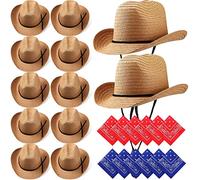 SATINIOR Juego de 12 sombreros y bandanas de vaquero de paja - Sombrero de fiesta de vaquero con bandana para la cabeza, Caqui, Classic Style