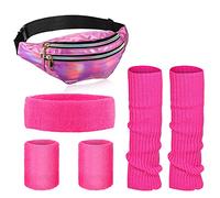 SATINIOR Set de Calentadores de Piernas de Neón de Mujer de Años 80 Riñonera Holográfica Calentadores de Piernas de Punto Muñequeras con Diadema para Yoga Correr Viaje (Rosa, Rosa Roja)