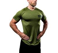 Satire Gym - Camiseta Ajustada Fitness Hombres/Ropa Deportiva de Secado Rápido - Apta para Culturismo y Gimnasio Entrenamientos (Verde Oliva Moteado, XL)