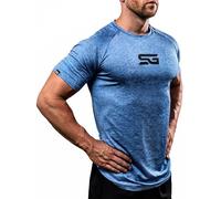 Satire Gym - Camiseta de fitness para hombre - Ropa deportiva funcional - Adecuado para entrenamiento - Corte ajustado, Hombre, Azul Melange, XL