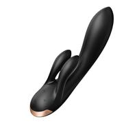 Satisfyer, vibrador, conejito con Bluetooth, Double Flex Connect App, 20 cm, con app, 3 motores, totalmente de silicona completa, recargable, impermeable, color:negro