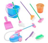 Satiskid 9 piezas de suministros de limpieza de casa de muñecas en miniatura, aspiradora en miniatura, fregona, escoba, recogedor, cepillo, lindas herramientas de limpieza, accesorios de decoración de