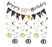 Satiskid Decoraciones de fiesta de 60 cumpleaños, banderines de 60 cumpleaños negros y dorados y remolinos colgantes de 60 años para hombres y mujeres, suministros de decoración de fiesta de
