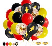 Satiskid Globos rojos, amarillos y negros, 50 globos de fiesta de cumpleaños de 12 pulgadas, globo de látex de confeti, globo impreso con rayos para cumpleaños, boda, aniversario, graduación