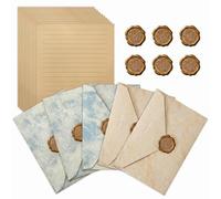 Satiskid Juego de 32 piezas de escritura de letras vintage, 20 hojas de papel kraft + 6 sobres (azul cielo y crema) + 6 calcomanías de sello de cera, regalo de papelería para invitaciones de boda y