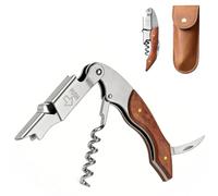 Satiskid Sacacorchos profesional de acero inoxidable con estuche de piel, abridor de vino 3 en 1 de acero inoxidable con cortador de láminas y abrebotellas, cuchillo de camarero de madera todo en uno