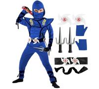 SATKULL Disfraz de ninja de lujo para niños, disfraz de ninjas para Halloween, disfrazarse con accesorios, juguetes para niños y niñas (niños-L-8/9T, azul)