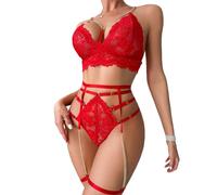 Satohom Conjunto Lencería Mujer Sexy con Cadena de Metal Brillante con Liguero Encaje Sujetador y Bragas con Liga, 3 Piezas Conjunto Lencería Gótica Recortada con Puños Muslo Sin Medias