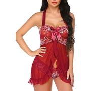 Satohom Mujer Sexy Halter Encaje Babydoll,Mujer Ropa Interior Con Encaje Floral y Tanga,Body Con Bordado De Osito De Peluche,Escote En v Profundo,Camisón Abierto Por Delante,Transparente De Malla Ropa