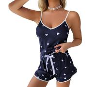 Satohom Mujer Verano Seda Helada Lencería 2 Piezas Conjunto de Ropa de Dormir Traje de Pijama Impresión del Corazón Crop Top Corto de Tirantes Camisola y Pantalones Cortos Sets