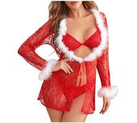 Satohom Mujeres Sexy Lencería de Navidad Conjunto de 3 Piezas de Encaje Santa Babydoll, Navidad señoras Ropa Interior Conjunto Pijama, Chrismas Transparente Ropa Interior con Tanga