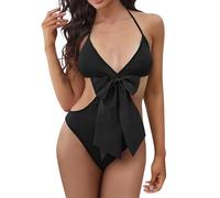 Satohom Sexo Body Lencería Mujer Satén Lazo Grande Lencería Erótica Mujer Teddy Babydoll Entrepierna Abierta Body Deep V Body San Valentín Mono Ropa Interior Una Pieza Curvy Negligee, Negro , Talla