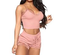Satohom Sexy Mujer Conjunto De Pijama De Encaje,Camiseta De Tirantes con Cuello En v,Lencería para Dormir,Camisetas Sin Mangas y Pantalones Cortos,Top Corto y Pantalones Elásticos De Cintura Alta