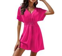 Satohom Vestido Casual para Mujer Mangas con Corta Cuello en V Vestidos Color Sólido Elegante con Volantes Y Cintura Elástica Chica Verano Túnica Talla Extra, Blanco, Negro