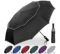 Satol Paraguas de golf con doble techo y ventilación, a prueba de tormentas y apertura automática, tamaños XXL (46/54/62 pulgadas), 10 nervaduras para máxima estabilidad, tiras reflectantes, negro y