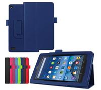 SATURCASE Amazon Fire 7 Funda, Cuero De La PU Capirotazo Plegable Folio Apoyo Bumper Protector Funda Carcasa Case para Amazon Fire 7 2015 2017 2019 Release (5th, 7th, 9th Gen) Azul Oscuro
