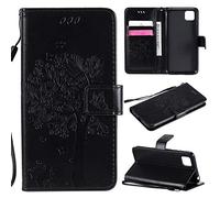 SATURCASE - Funda para Huawei Y5p, diseño de árbol de gato en relieve de piel sintética con ranuras para tarjetas, funda protectora con correa de mano para Huawei Y5p, color negro