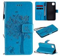 SATURCASE - Funda para Huawei Y5p, diseño de árbol de gato en relieve de piel sintética con ranuras para tarjetas, funda protectora con correa de mano para Huawei Y5p (azul)