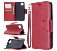 SATURCASE - Funda para Huawei Y5p, piel sintética de lujo con tapa magnética, ranuras para tarjetas, funda protectora con correa de mano para Huawei Y5p (rojo)