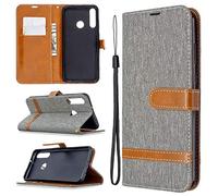 SATURCASE - Funda para Huawei Y6p, piel sintética de alta calidad, con cierre magnético, ranuras para tarjetas, funda protectora con correa de mano para Huawei Y6p (gris)