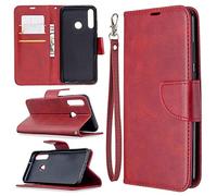 SATURCASE - Funda para Huawei Y6P, piel sintética de lujo con tapa magnética, ranuras para tarjetas, funda protectora con correa de mano para Huawei Y6p (rojo)