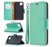 SATURCASE Litchi - Funda para Huawei Y5p (piel sintética, cierre magnético, ranuras para tarjetas, con correa de mano, color verde)