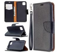 SATURCASE Litchi - Funda para Huawei Y5p (piel sintética, con cierre magnético, ranuras para tarjetas, con correa de mano, color negro