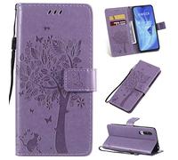 SATURCASE Xiaomi Mi 9 Lite Funda, Árbol Gato Cuero De La PU Magnético Billetera [Ranuras para Tarjetas] [Correa de Mano] Apoyo Protector Funda Carcasa Case para Xiaomi Mi 9 Lite/Mi CC9 (Lavanda)