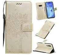 SATURCASE Xiaomi Mi 9 Lite Funda, Árbol Gato Cuero De La PU Magnético Billetera [Ranuras para Tarjetas] [Correa de Mano] Apoyo Protector Funda Carcasa Case para Xiaomi Mi 9 Lite/Mi CC9 (Oro)