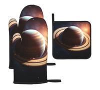 Saturn Ring Planet - Juego de 3 guantes de horno y soporte para ollas, resistentes al calor, antideslizantes, guantes de cocina y almohadilla caliente para hornear, cocinar, asar a la parrilla