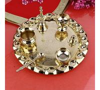 SATVIK - Juego de 7 Puja Thali de latón de 10 pulgadas, diseño hecho a mano para bendiciones divinas, regalo ideal para inauguración de la casa, perfecto para festivales y adoración, juego completo de