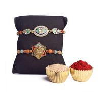 Satvik Rakhi - Juego de 2 piezas de Rakhi para hermano y Bhabhi con Ganesh Shadow Diya, Roli Chawal, tarjeta de felicitación y calcomanía de Sita-Ram, juego de Bhaiya Bhabhi Rakhi, regalo Raksha