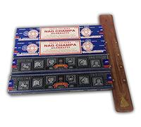 Satya Lote Incienso Natural Aromático, 2 Cajas de Superhit 15 grs. + 2 Cajas de Nagchampa 15 grs. + Incensario Madera Natural, Gran Duración Aroma Delicado