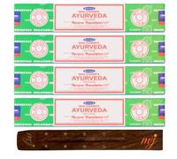 Satya Nag Champa Ayurveda - Varillas de incienso originales con soporte para varillas de incienso M&J, paquete de 4 unidades, para aromaterapia, spa, yoga, bodas, meditación, curación, positividad y