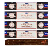 Satya Nag Champa - Varillas de incienso de opio negro con soporte para varillas de incienso M&J, paquete de 4 unidades, para aromaterapia, spa, yoga, bodas, meditación, curación, positividad y