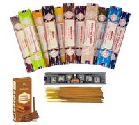 Satya - Varillas de incienso de 12 paquetes de 15 g - Nag Champa, Superhit, meditación, Reiki, Namaste, Karma, Oodh y más + Rushant Sandal Saffron Dhoop Sticks | Masala Agarbatti Set de regalo para