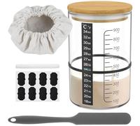 Sauerteig Starter Set 900ml Sauerteig-Starterglas mit Holzabdeckung Gummibänder Silikonspatel Thermometerpapier Stoffhut Sauerteig Brot Backen Starterset zum Brotbacken