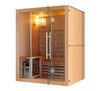Sauna finlandesa RIGA - Estufa de sauna para 3 personas, incluye piedras de sauna, cristal de seguridad, con cubo con creador, termómetro y reloj de arena, dimensiones: 150 x 120 x 190 cm